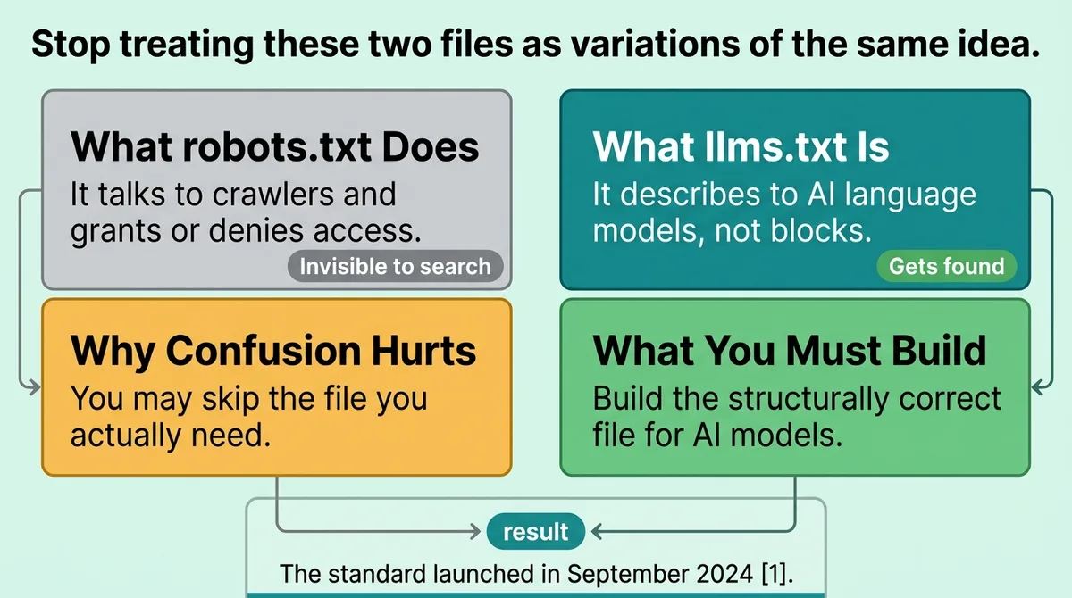 What llms.txt Actually Is and Why Confusing It With robots.txt Will Cost You